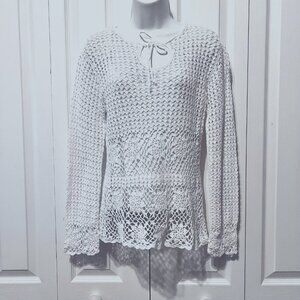 Mist Long Sleeve-Women's Crocheted Blouse-Size Med-Built in Camy-Tie at Neckline